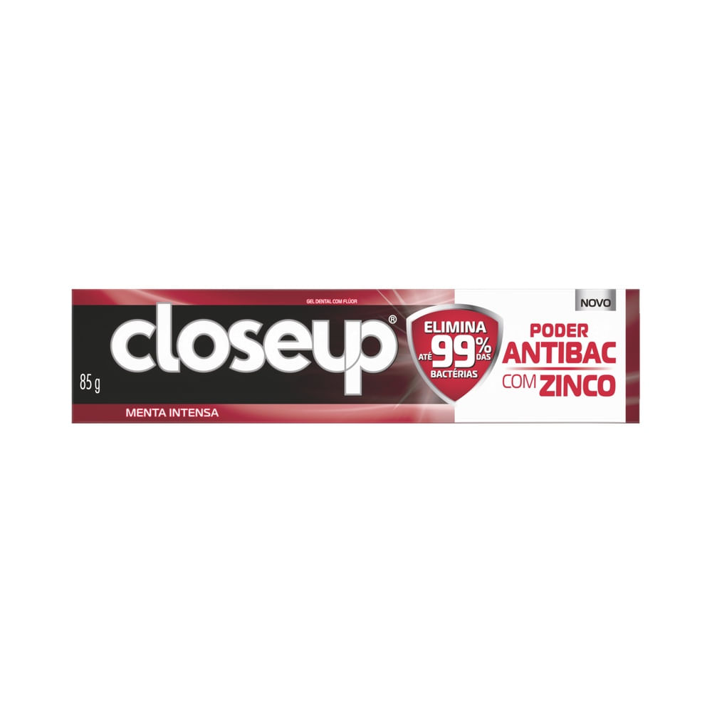Embalagem frontal do Gel Dental Close Up Poder Antibac Menta Intensa 90g com destaque para ação antibacteriana e sabor menta intensa.